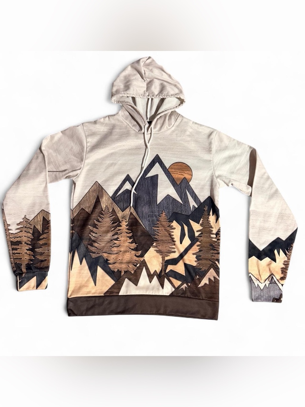 Men's Cream & Brown Mountain Graphic Pullover Hoodie